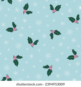 Patrón de Navidad sin fisuras con bayas y copos de nieve en fondo azul. Ilustración vectorial de estilo retro dibujada a mano para vacaciones de invierno.