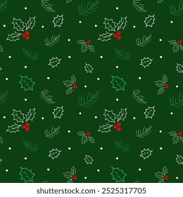 Christmas seamless pattern with holly berry and snow on green background. Perfect for wallpaper, gift paper, greeting cards and winter holiday backgrounds