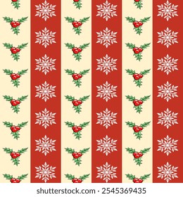 Christmas seamless pattern with holly berry and snowflakes.