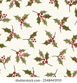 Navidades sin patrón con baya de acebo sobre un fondo claro. Perfecto para papel de regalo, diseño festivo, fondo tradicional. Ilustración vectorial.