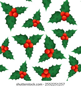 Christmas seamless pattern with holly berry plant