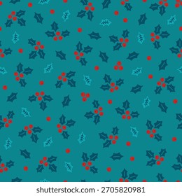 Christmas seamless pattern with holly berry on turquoise background. Perfect for wallpaper, gift paper, winter greeting cards. Vector illustration