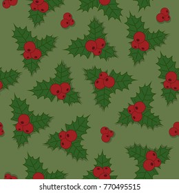 christmas seamless pattern holly berry with green leaves and red berries with shadow on light green vector background