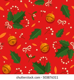 Christmas seamless pattern with holly, bow and sleigh bells. 