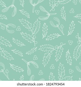 Christmas seamless pattern with holly branch and mistletoe. Hand drawn vector illustration