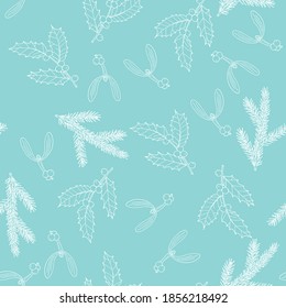 Christmas seamless pattern with holly branch, mistletoe and fir. Hand drawn vector illustration