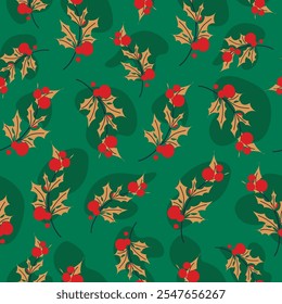 Christmas seamless pattern of holly branch with berry and leaf. Xmas plant holiday illustration for fabric, textile and wrapping paper, wallpaper, cover, card