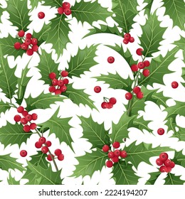 Christmas seamless pattern with holly branches on a white background. Christmas mood. Suitable for wrapping paper, wallpaper, textile