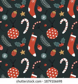 Navidad sin fisuras con caña de caramelo, baudibles, ramas de abetos y bayas. Ilustración vectorial dibujada a mano. Textura inagotable de vacaciones para envolver papel, textil, diseño de tela. 