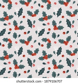 Christmas seamless pattern with holly. Cute festive background. Hand drawn vector illustration. Holiday endless texture for wrapping paper, textile, fabric design. 