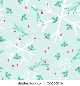 Christmas seamless pattern with holly and decorated conifer branches