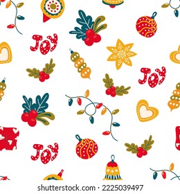 Christmas seamless pattern. Holly, Christmas decorations. Design for fabric, textile, wallpaper, packaging, wrapping paper.