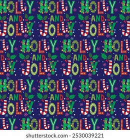 Christmas seamless pattern with holly and jolly