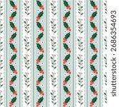Christmas seamless pattern with holly leaves and berries, vertical striped wallpaper, seasonal winter background