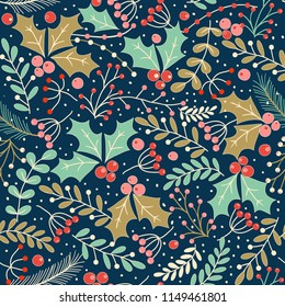 Christmas Seamless Pattern With Holly Leaves And Berries For Greeting Cards, Wrapping Papers. Vector Illustration