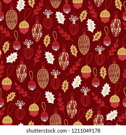 Christmas seamless pattern with holly leaves, branches, acorns, cones on dark red background. Perfect for holiday invitations, winter greeting cards, wallpaper and gift paper 