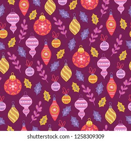 Christmas seamless pattern with holly leaves, branches, balls, baubles and cones on dark purple background. Perfect for holiday invitations, wrapping paper, greeting cards. Vector illustration.