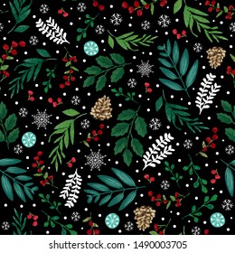 Christmas seamless pattern with holly leaves and berries, snow, pinecones for greeting cards, fabric, wrapping papers. Vector illustration. Perfect for holidays. Separate elements.