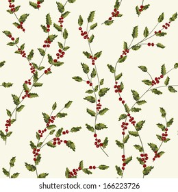 Christmas seamless pattern with holly leaves and berries