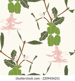 Christmas Seamless Pattern With Holly Leaves, Christmas Cactus, American Mistletoe, Mistletoe Hanging For Greeting Cards, Wrapping Papers.