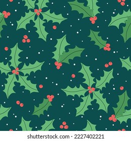Navidad sin fisuras con hojas y bayas huecas. impresión de moda para textiles y embalajes. Ilustración vectorial.