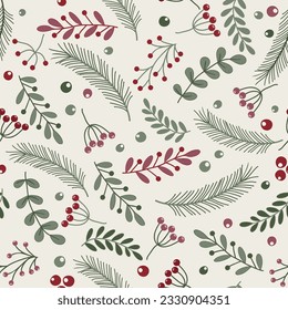 Christmas seamless pattern with holly leaves and berries for greeting cards, wrapping paper. Doodles. Winter background. Vector illustration