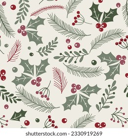 Christmas seamless pattern with holly leaves and berries for greeting cards, wrapping paper. Doodles. Winter background. Vector illustration