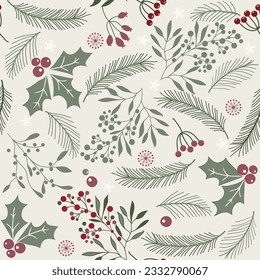 Christmas seamless pattern with holly leaves and berries for greeting cards, wrapping paper. Doodles. Winter background. Vector illustration