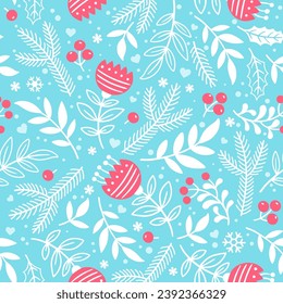 Weihnachtsnahtloses Muster mit heiligen Blättern, Weihnachtsbaumzweigen, roten Beeren und Blumen auf blauem Hintergrund . Vektorhandgezeichnete Illustration für Verpackungspapier, Grußkarten