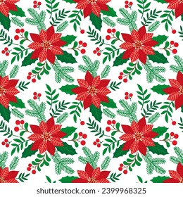 Christmas seamless pattern with holly leaves and poinsettia, Christmas tree branches, red berries and flower on white background. Vector hand draw