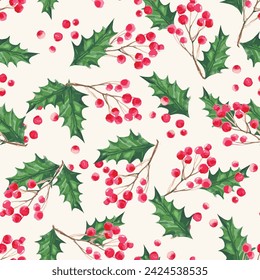 Christmas seamless pattern with holly leaves and berries, snow, on white for greeting cards, fabric, wrapping papers. Vector illustration. Perfect for holidays. Separate elements.