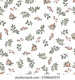 Christmas seamless pattern with holly leaves and berries on white background for greeting cards. Vector illustration with hand draw  n Christmas seamless pattern