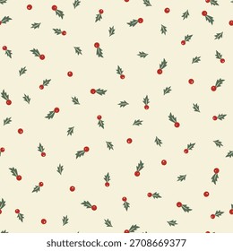 Christmas seamless pattern with holly leaves and berries on white background for greeting cards. Backdrop for wallpaper, wrapping. Vector illustration.Christmas seamless pattern