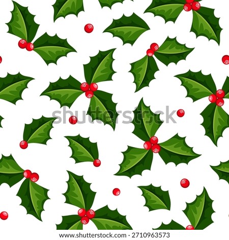Christmas seamless pattern with holly leaves and holly berries on a white background. Vector season print. Hand-drawn illustration, not AI