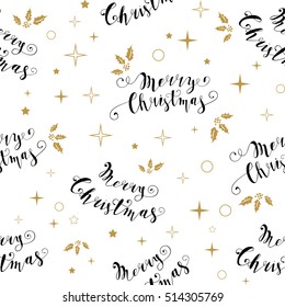Christmas seamless pattern with holly, lettering Merry Christmas. Vector illustration. Template for Greeting Scrapbooking, Congratulations, Invitations.