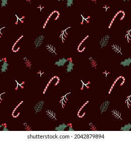 Weihnachten nahtloses Muster mit heiligen, lollipop, abstrakten Beeren, Zweigen und Blumen. Feierliche Neujahrsstruktur für Verpackungspapierdesign. Vektorgrafik