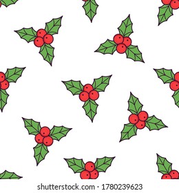 Christmas seamless pattern with holly mistletoe on white background. Seamless background with holly berries. Vector illustration.
