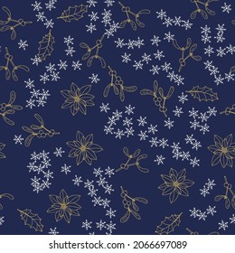 Christmas seamless pattern with holly and mistletoe leaves and berries. Vector illustration