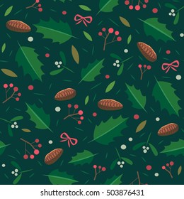 Navidad sin fisuras con holly, mistletoe y fir-cone. 