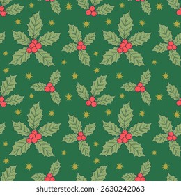 Christmas seamless pattern with holly on green background. Greeting seasons wallpaper.  