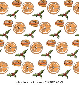 Christmas, seamless pattern with Holly and orange slices