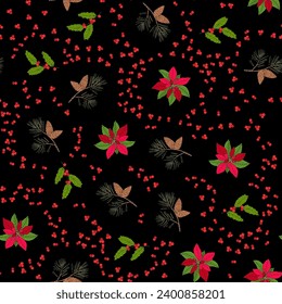 Weihnachten nahtloses Muster mit Heiligem, Kiefer und Poinsettia. Vektorgrafik