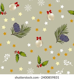 Christmas seamless pattern with holly, pine and stars. Vector illustration