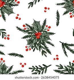 Christmas seamless pattern with holly red berries and evergreen sprigs. Vector illustration