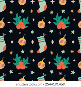 Christmas seamless pattern. Holly, Christmas sock and Christmas tree decoration on a dark background. Vector illustration for background, greeting card, fabric, packaging, wrapping paper