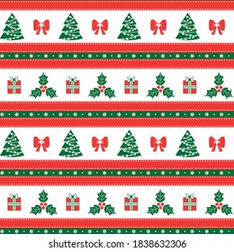 Christmas seamless pattern with Holly, Christmas tree, gift, with horizontal stripes. Seamless Christmas border