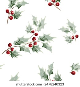 Christmas seamless pattern, holly twigs with red berries, white background. Vector illustration. Nature design. Season greeting. Winter holidays