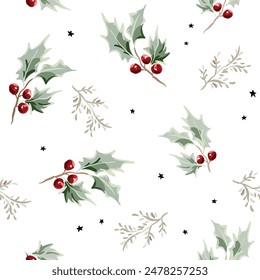 Christmas seamless pattern, holly twigs with red berries, stars, white background. Vector illustration. Nature design. Season greeting. Winter holidays