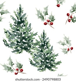 Christmas seamless pattern, holly twigs with red berries, green fir trees, snow, white background. Vector illustration. Nature design. Season greeting. Winter holidays