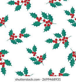 Natal padrão sem emenda com holly galhos. Bagas vermelhas e folhas verdes sobre fundo branco. Impressão festiva em tecido e papel. Simples papel de parede interminável. Projeto vetorial para férias de inverno.